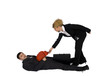 Businesswoman and businessman boxes around the suitcase.
