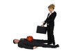 Businesswoman and businessman boxes around the suitcase.
