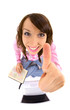 woman with atlas and laptop showing thumbs up