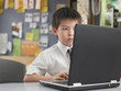Elementary schoolboy using laptop in classroom