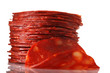 spanish chorizo salami sausage stacked sliced isolated on white spanish chorizo salami sausage stacked sliced isolated on white