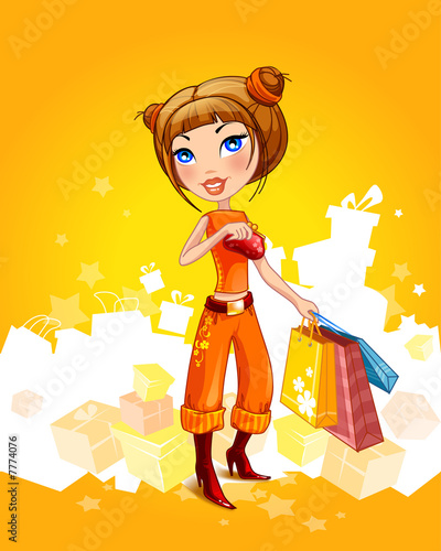 Beautiful cartoon girl with shopping bags and a wallet