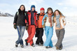 Group of sport teens different ethnicity winter outdors at mount
