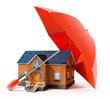 red umbrella protecting house from rain