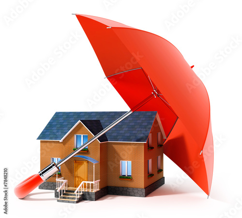 red umbrella protecting house from rain