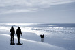 two women walking at the beach in the winter with a dog. two women walking at the beach in the winter with a dog.