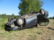 Damaged car after the traffic accident, turned overhead