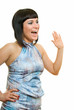 smiling woman is saluting on white background