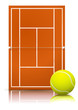 Court de tennis sur terre battue et sa balle (reflet)