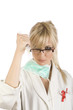 Female blond Nurse with syringe isolated on white background