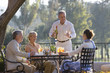 Photo: Two mature couples dining at outdoor restaurant table, man standing up, pouring glass of wine, smiling Two mature couples dining at outdoor restaurant table, man standing up, pouring glass of wine, smiling
