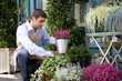 Male florist arranging the plant display outside his shop