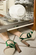 Woman lying under a dishwasher.