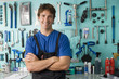 Photo: Man standing in front of display rack in tool shop, arms folded, smiling, front view, portrait Man standing in front of display rack in tool shop, arms folded, smiling, front view, portrait