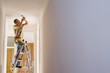 Photo: Man with toolbelt doing DIY at home, standing on step ladder, fixing light fixture in ceiling Man with toolbelt doing DIY at home, standing on step ladder, fixing light fixture in ceiling