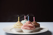 Colourful cupcakes with blowed birthday candles on plate
