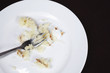 Fork and cake crumbs on plate, view from above