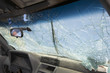 Broken windshield of car, view from interior