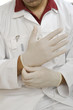 Mid section view of a male dentist putting on surgical glove