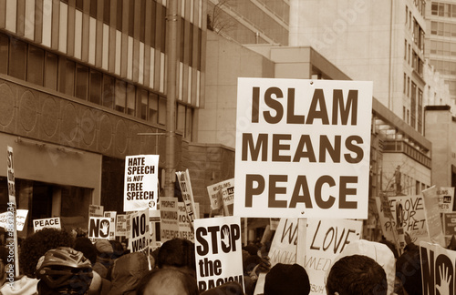 Photo: Muslim Protest And Protestors With Sign islam means peace Muslim Protest And Protestors With Sign islam means peace