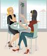 Two girls sitting and talking in the city cafe