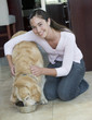 A young girl feeding her dog