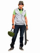 Portrait of a guy standing with skateboard and helmet