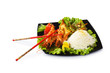 Grilled lobster, rice and vegetables isolated on white