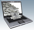 Money falling from of the laptop screen over the keyboard