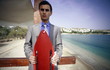 Businessman on life guard stand with life preserver