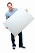 young man holding blank white card with copyspace
