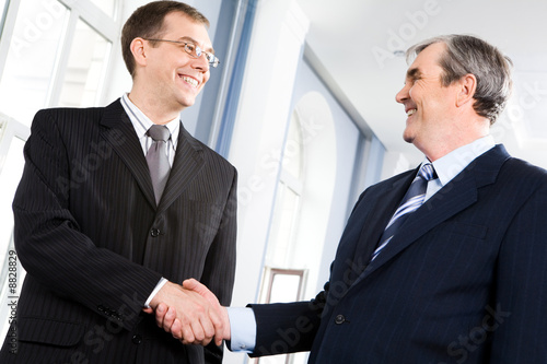 Portrait of businessmen shaking hands greeting each other
