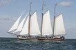 Typical old Dutch three mast sailing boat on sea..