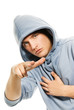 Young handsome man in a hood isolated on white background Young handsome man in a hood isolated on white background