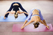 View of two women exercising.