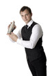 Barkeeper with whitel background holding shaker