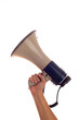 A caucasian hand holding a megaphone on a white background