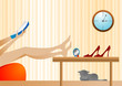 Woman relaxing, resting legs, red shoes on the table, beauty