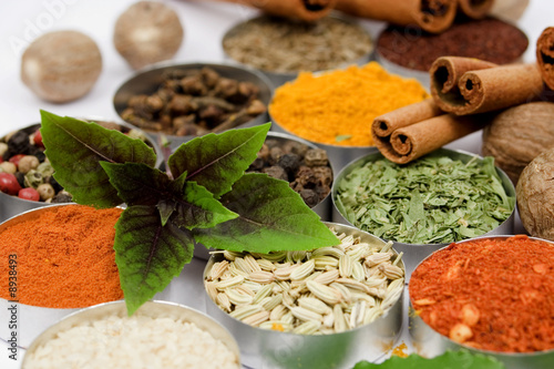 Basil leafs over assortment of various colorful spices spices