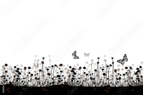 Wiese und Schmetterlinge in Schwarz, Grau, Braun