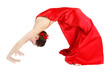 Woman in red dress making bridge on white background
