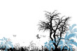 Hintergrund mit Baum, Blüten und Schmetterlingen