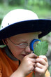 young boy studying leaf through magnifying glass
