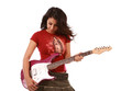Beautiful sexy woman playing guitar on pure white background