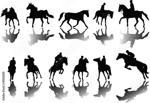 Illustration: Horses and riders silhouettes with shade Horses and riders silhouettes with shade