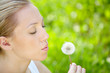 The girl blows on a dandelion on a background of a grass