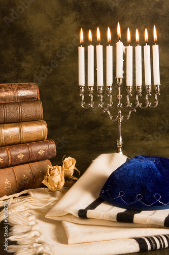 Hanukkah Candleholder And Jewish Prayer Shawl, Books And Cap