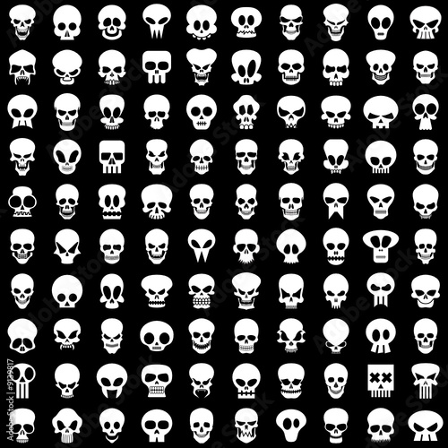 Vektor: one hundred different skulls on black background one hundred different skulls on black background
