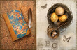 Old books with bird nests on grunge background