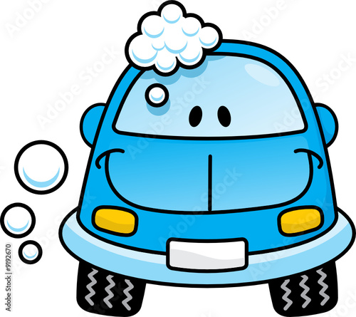A happy blue cartoon car washing with soap bubbles